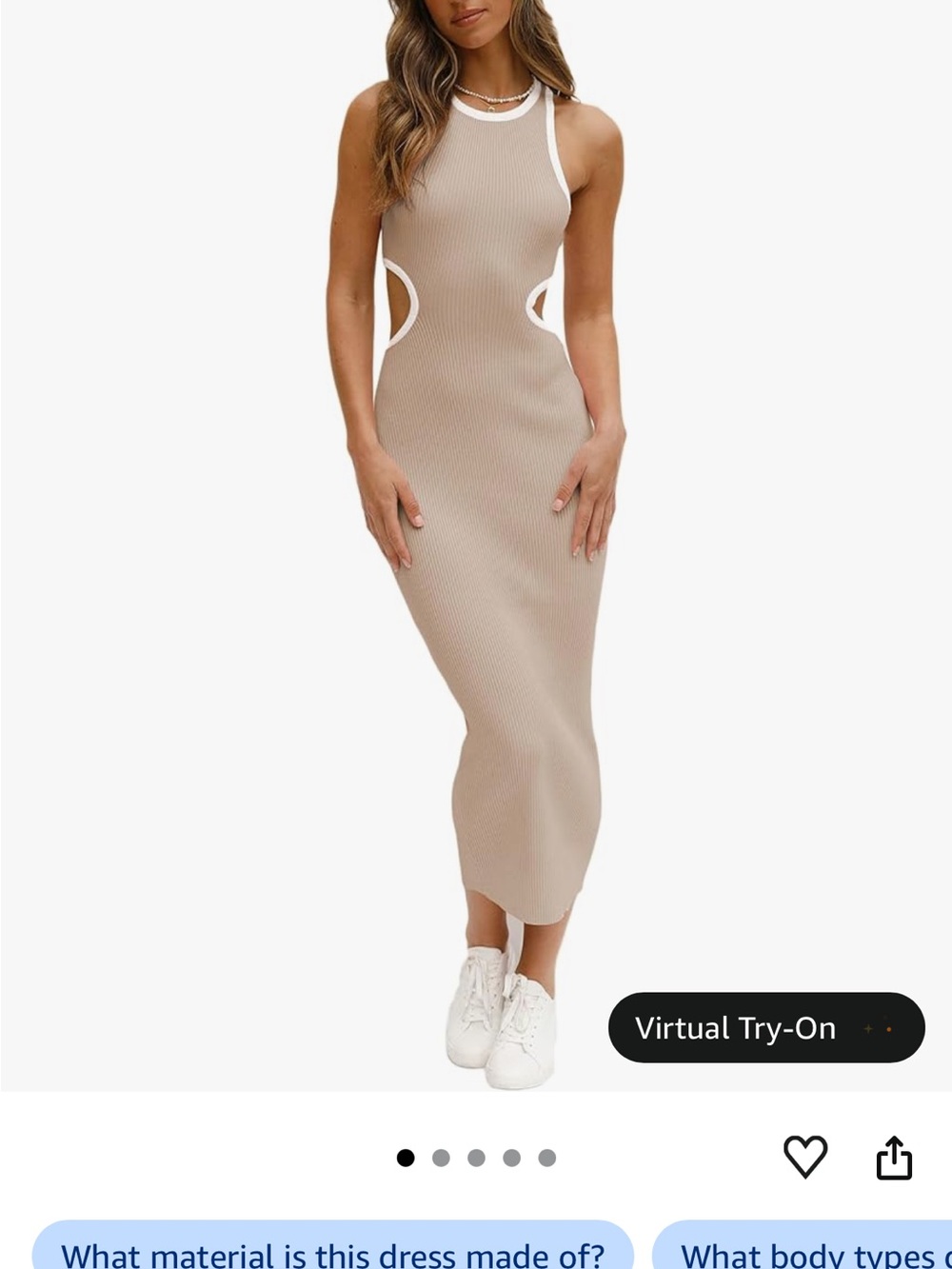 Beige Cutout Ribbed Midi Dress - Women's